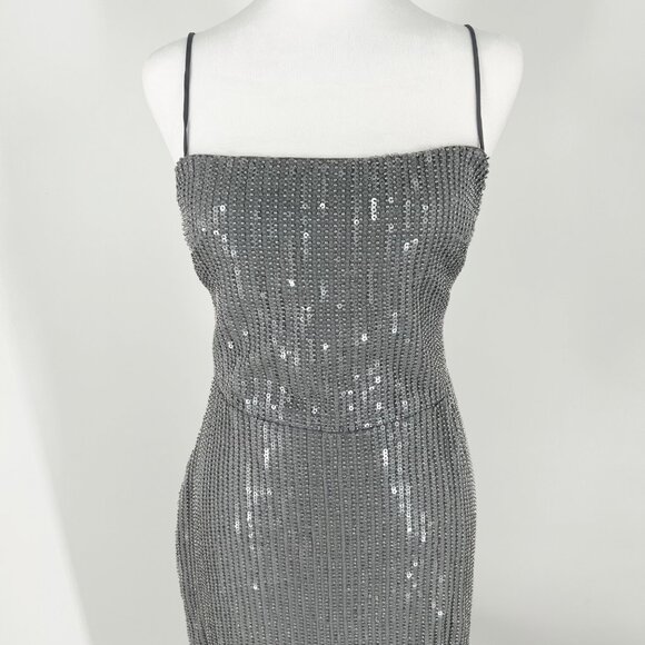 NWT Rasario Silver Sequin Embellished Square Neck Maxi Gown - Picture 4 of 10